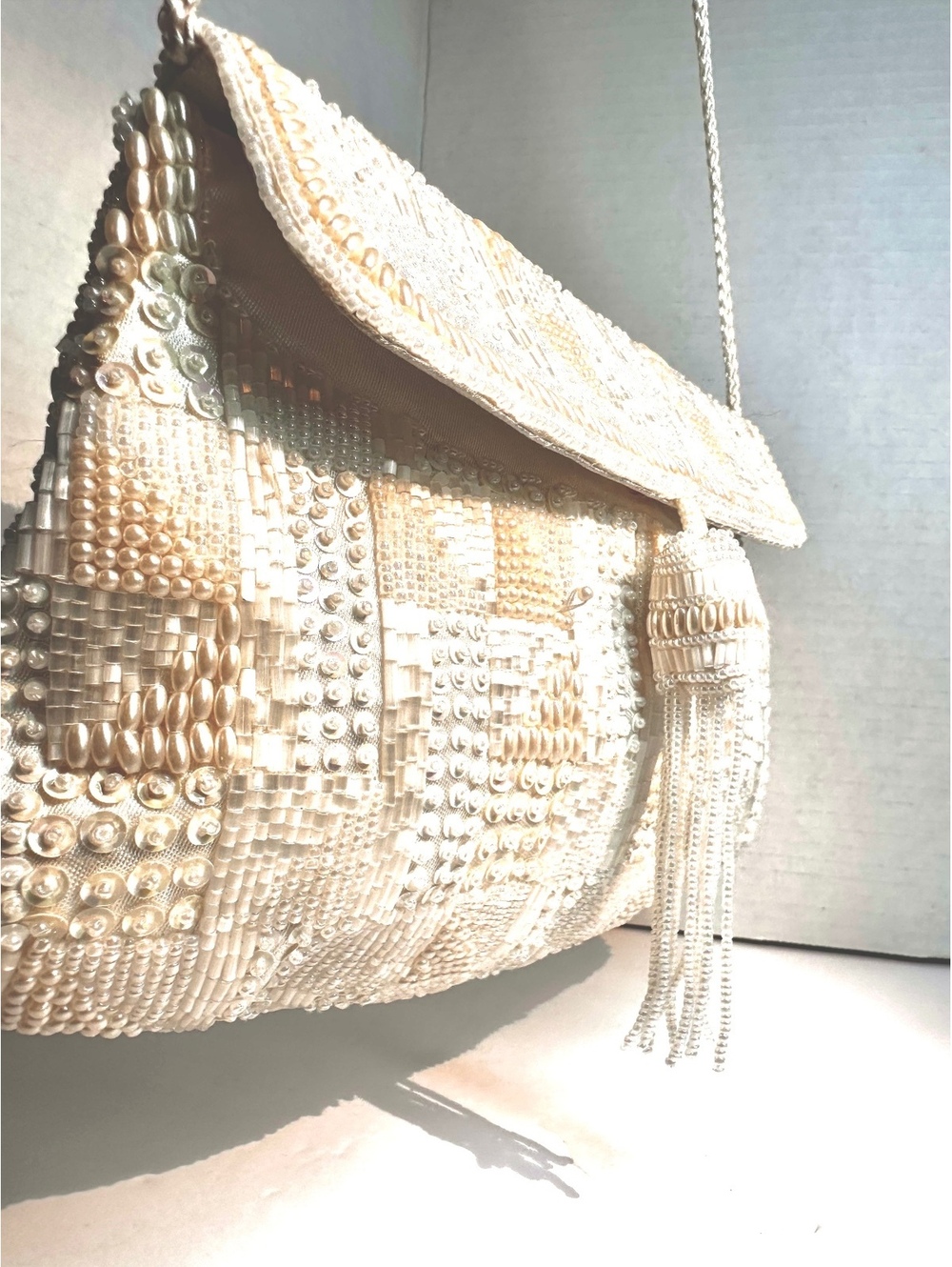 Vintage Cream Pearl Beaded Art Deco-Style Evening Bag / Small Clutch